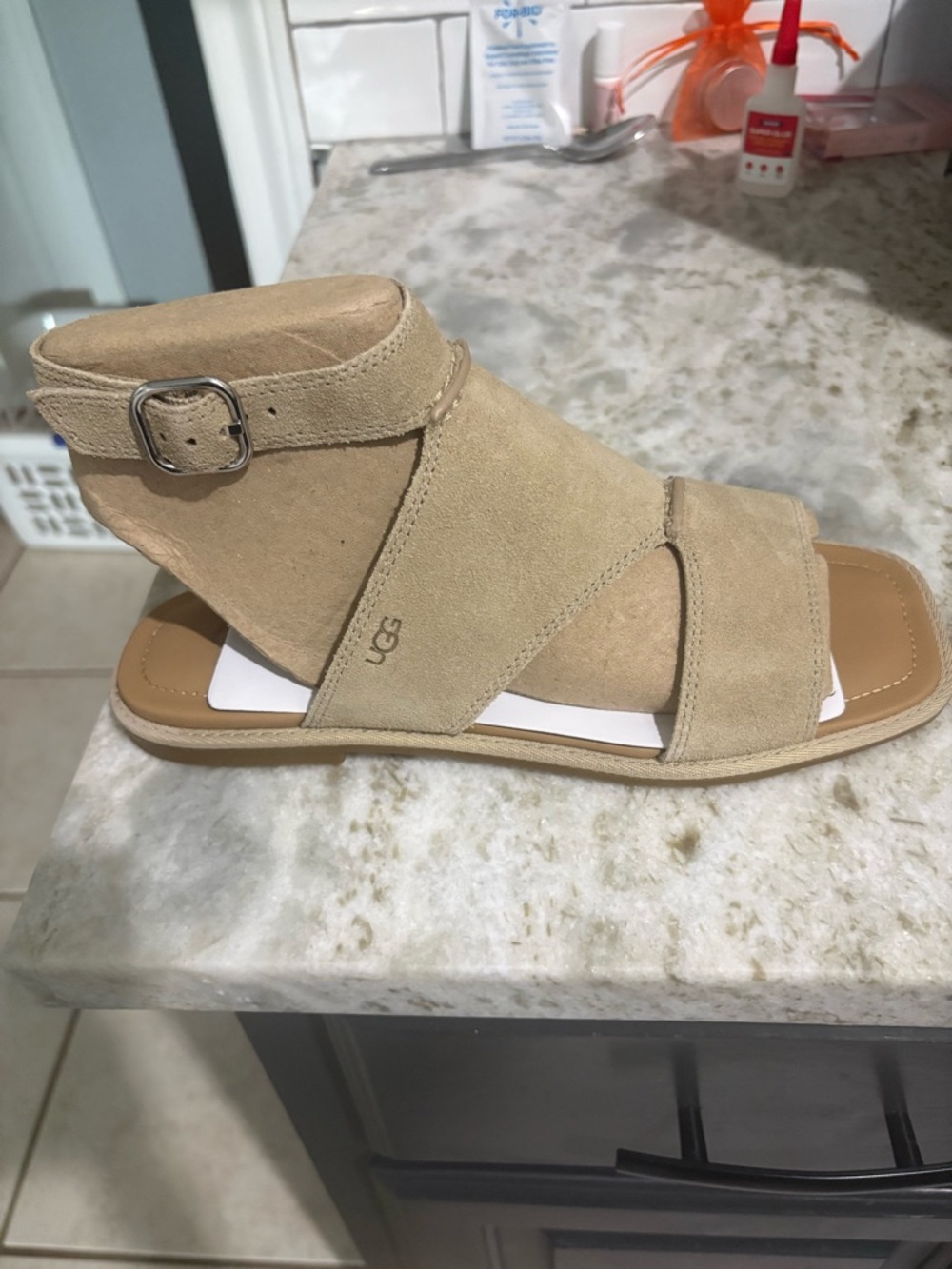 UGG Tan Suede Strappy Ankle Sandal with Buckle